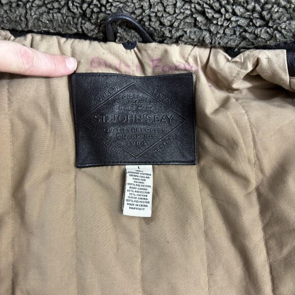 St Johns Bay Leather Sherpa Collar Aviator Jacket Mens Large Black Bomber Coat - Picture 6 of 16